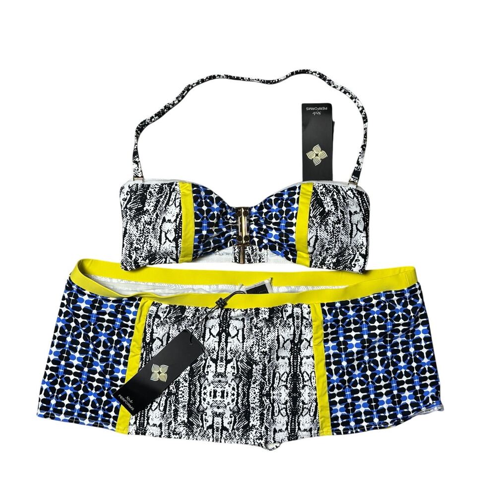 BCBGMaxazria Contrast halter swim top and micro mini swim skirt S/L NWT